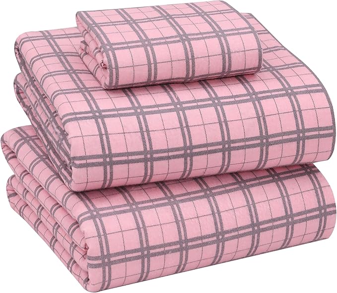 RUVANTI Flannel Sheets Twin Size - 100% Cotton Double Brushed Twin Sheets Set, Deep Pockets 16 Inches, All Seasons Breathable & Extra Soft Bed Sheets, Warm & Cozy, 3 Piece, Check & Bolt Pink