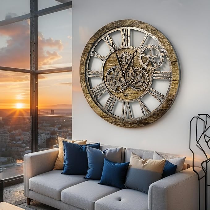 ImprovingLife The Gears Clock The Original Real Moving Gear Wall Clock Vintage Industrial Oversized Rustic Farmhouse (24 inch (60cm),Gold Antique)