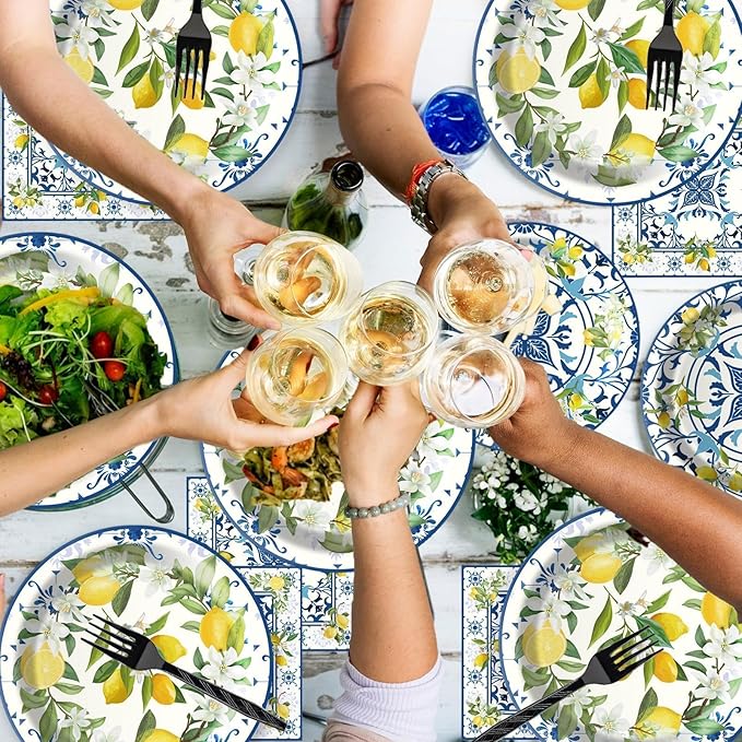 Amalfi Coast Plates and Napkins for Birthday Decorations Kit, Capri Lemon Tableware Supplies for Lemon Theme Summer Decor, Service 24 Guests