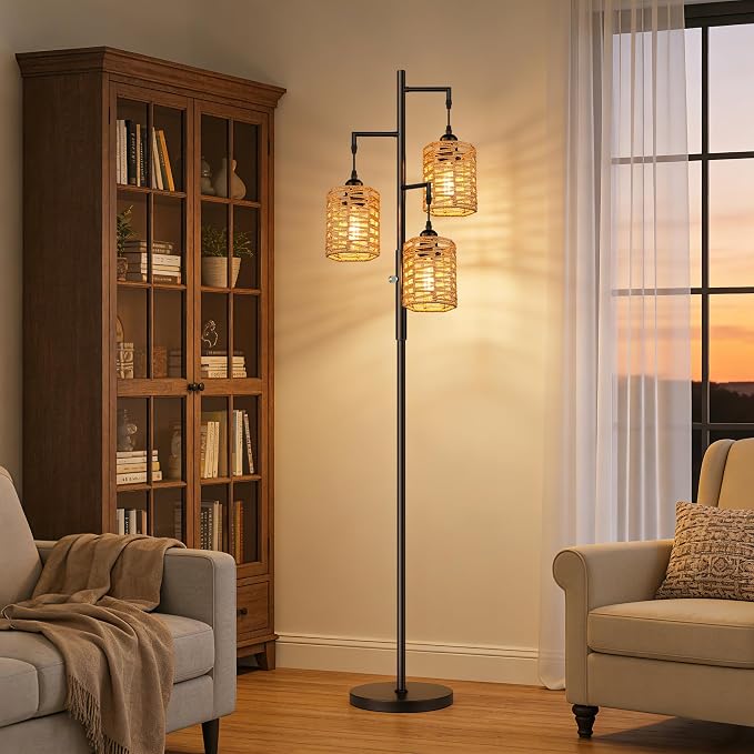 ROTTOGOON Dimmable Rattan Floor Lamp, 3 x 800LM LED Bulbs Included, Boho Tree Standing Lamps with 3 Hand-Woven Octagonal Lantern Shades, Industrial Floor Lamp for Living Room, Bedroom, Office - Black