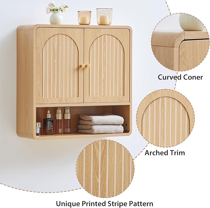 Wall Storage Cabinet with Adjustable Shelf, Over the Toilet Storage Cabinet for Bathroom, Light Wood Color Medicine Cabinet Organizers for Bathroom, Laundry Room, Kitchen (Natural)
