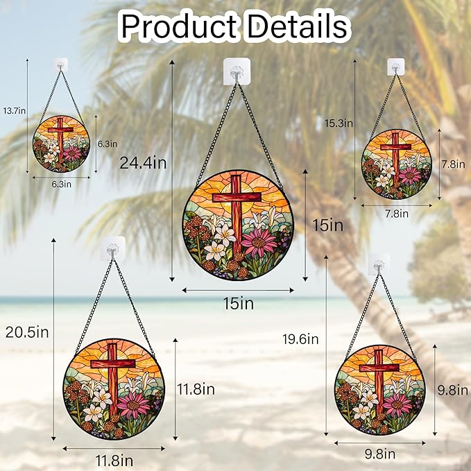 Christian Gifts for Women - Cross Stained Glass Window Hanging Easter Flower Sunset Landscape Sun Catcher Garden Religion Decor Mother's Day Catholic Gift for Men Grandma Mom Her Nana 7.8"