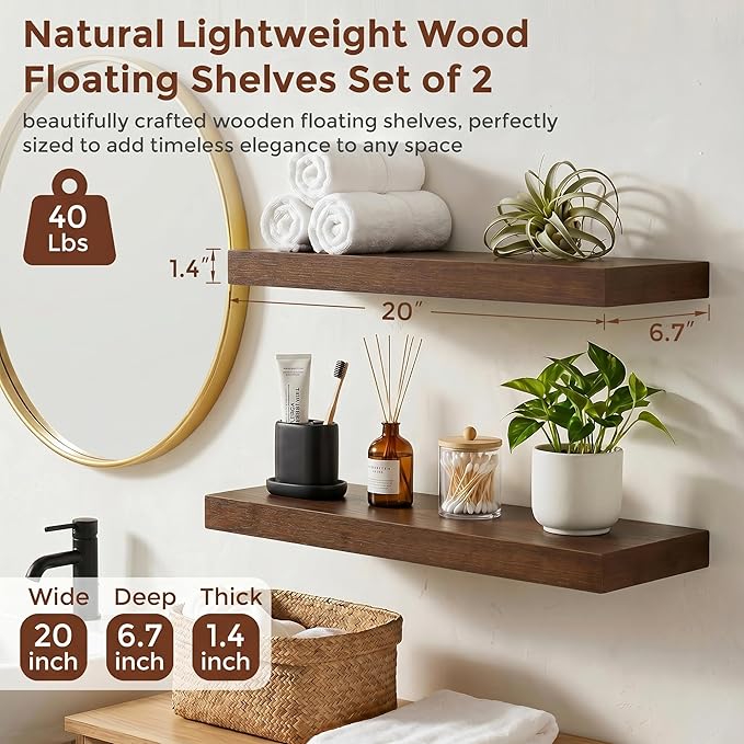 fuqing 20 Inch Floating Shelves | 6.7 Inch Deep Dark Wood Floating Shelves for Wall Set of 2 | 20''W x 6.7''D x 1.4''H Dark Wood Shelves for Living Room Bathroom Bedroom Kitchen Home Office