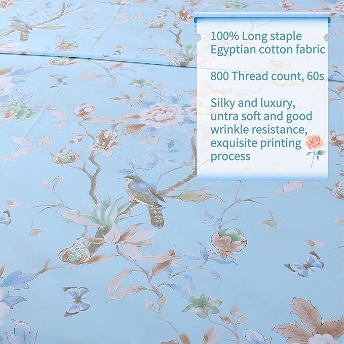 RYNGHIPY Egyptian Cotton Bed Sheet Set Blue Bird Botanical Pattern Bed Sheets Deep Pocket Fitted Sheet Tree Branches Print Bedding Soft Breathable (Light Blue,Full Size)
