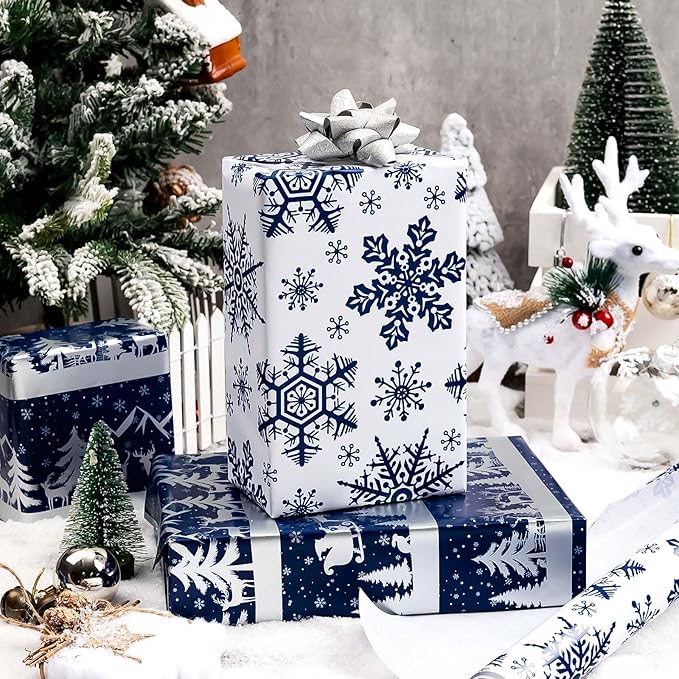 MAYPLUSS Festive Holiday Wrapping Paper - 17Inch x 120Inch Per Roll - Cozy Reindeer Snowflakes Tree Scene Gift Wrap Magical Winter Atmosphere Thick Christmas Paper Wrap for Party Celebration Wedding