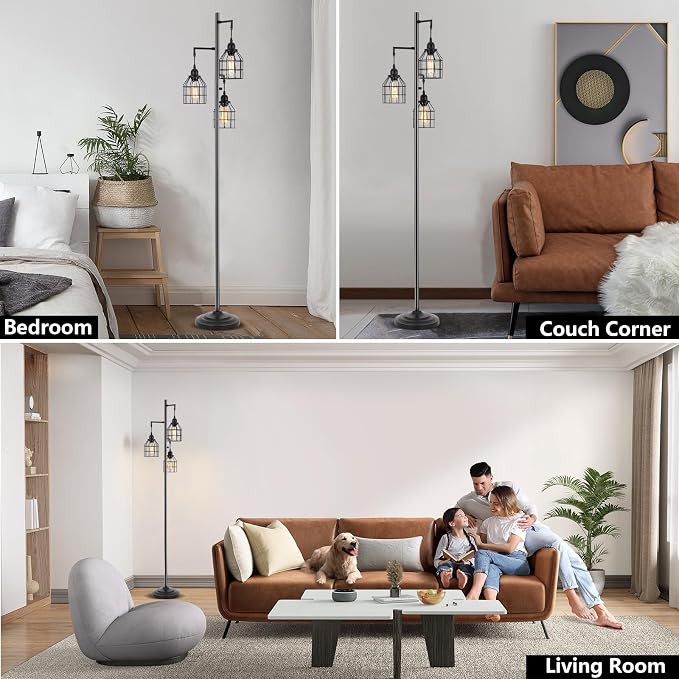 9MMML Floor Lamp for Living Room, Farmhouse Industrial Dimmable Floor lamp,3 Lights Metal Cage Tree Standing Lamp,68", 3Pcs Led Bulbs Included