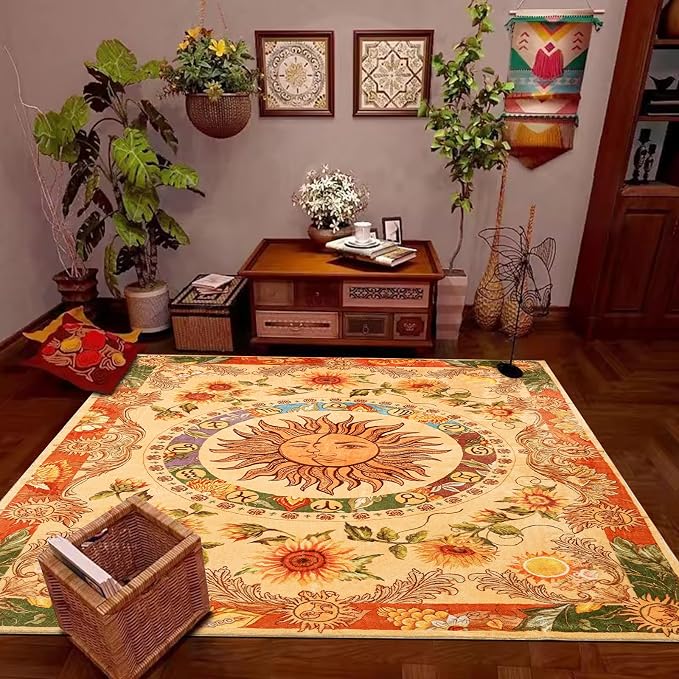 Ultra Thin Washable Mystical Rugs Stain Resistant, Sun and Moon 4x6 Area Rugs Non Slip - Retro Yellow Hippie Floral Throw Rugs for Living Room Bedroom Entryway, Trendy Indie Dorm Tapestry Rug