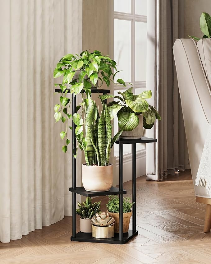 GENTINGBRO Tall Plant Stand Indoor 4 Tiered Plant Shelf for Multiple Plants Coner Shelf Stand Wood Plant Stand Metal Shelving for Living Room Bedroom Balcony Patio Black