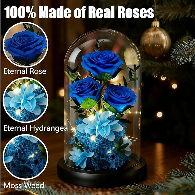 Birthday Gifts for Women Mom Fresh Flowers for Delivery Prime Forever Preserved Rose in Glass Dome Gifts for Her Girlfriend Grandma Daughter Wife Valentines Mothers Day Christmas Anniversary-Blue