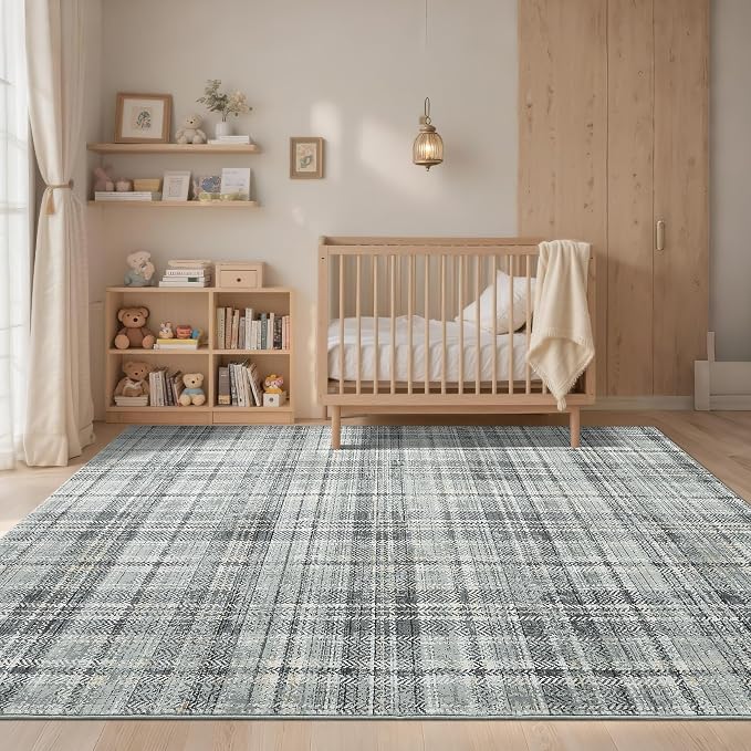 Washable Rugs 5x7 Rug for Living Room Bedroom Rug Modern Plaid Area Rug Soft Carpet 5'x7' Greenish Grey