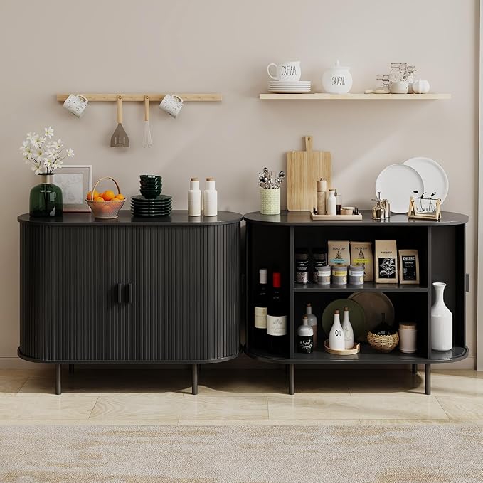 Buffet Sideboard Cabinet with Storage, 40" Fluted Cabinet with Sliding Door & Adjustable Shelf, Modern Accent Coffee Bar Console Table for Kitchen, Entryway, Black