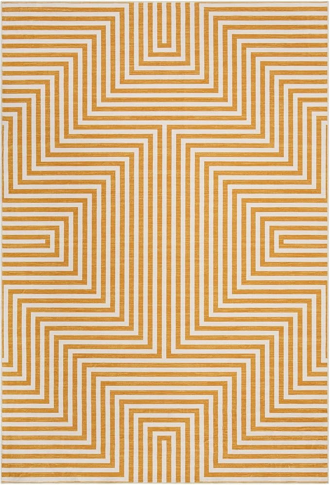 Washable Modern Lines Large Rug 10x13 for Living Room Modern Geometric Rugs Low Pile Soft Bedroom Carpet Thin Foldable Abstract Floor Carpet for Dining Kids Room Playroom, Orange Yellow