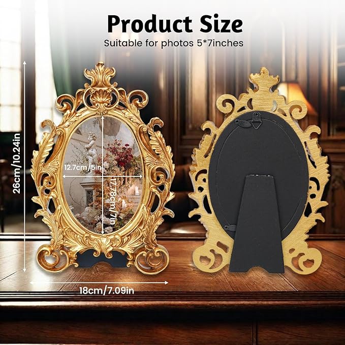 Gold Picture Frames, 5x7 Oval Vintage Photo Frame, Classic Carved Resin Picture Frame with Glass Front, Ornate Hand-Crafted Photo Frames for Tabletop or Wall Hanging, Photos Display Frame