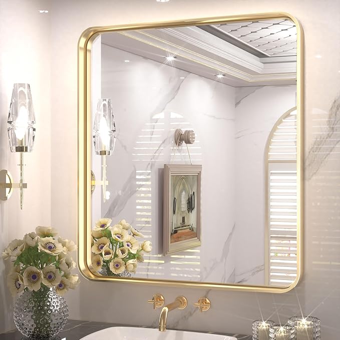 TETOTE 32 x 36 Inch Brushed Gold Frame Mirror, Bathroom Vanity Mirror for Wall, Modern Rectangle Round Corner Matte Framed Mirror (Horizontal/Vertical)
