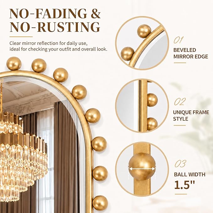 Oval Full-Length Wall Mounted Mirror 20" x 51", Antique Gold Beaded Beveled Mirror with Ball Frame, Vertical & Horizontal Hanging Wall Mirror for Bathroom, Bedroom, Dressing Room, Entryway