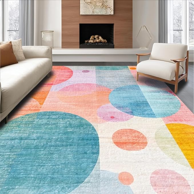Flatwoven High Traffic Area Rug 5x7, Playful Bubble Cluster with Overlapping Circles and Translucent Color Blends, Non Slip, Stain Resistant, Washable Area Rugs for Living Room, Bedroom (Red, 5x7)