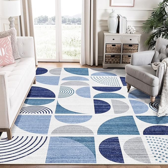 MUJOO Blue Rug Boho Washable,6x9 Area Rugs for Living Room Bedroom Dining Room,Large Throw Floor Carpet Non Slip Soft Modern Abstract Navy Blue