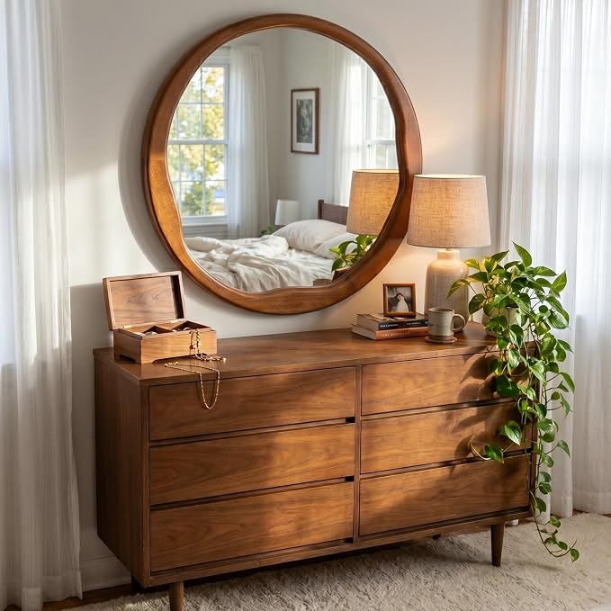 Walnut Round Mirror 24 Inch, Solid Wood Framed Bathroom Vanity Mirror with Wavy Inner Edge, Retro Mid-Century Wall Decor for Bedroom & Entryway