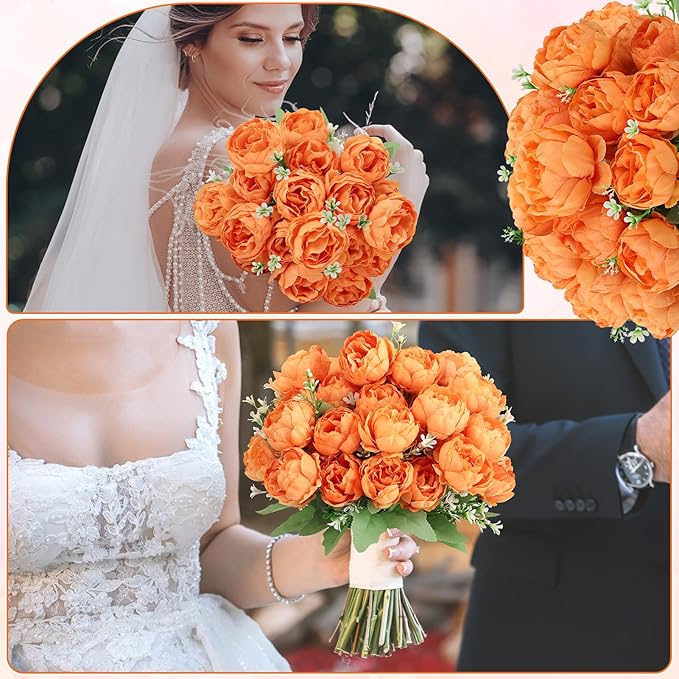 8 Pack Orange Peonies Artificial Flowers, Fall Fake Silk Hydrangea Bouquet for Bridal Wedding Home Table Decor Reusable Dining Opening Ceremony Birthday Arrangement Faux Floral