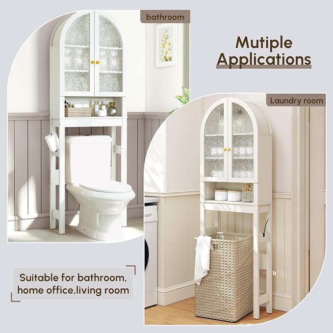HMstone Over The Toilet Storage Cabinet, Arched Bathroom Organizer and Storage with Acrylic Doors and Adjustable Shelf, Space-Saving Freestanding Bathroom Modern Storage Cabinet Over Toilet, White