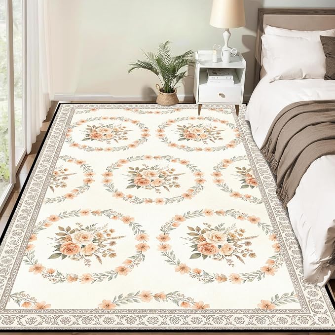 4'x6' Boho Floral Area Rug Vintage Peach Rose Carpet Non-Slip Washable Floor Mat Neutral Aesthetic Botanical Rug for Bedroom Living Room Nursery Kitchen Playroom Home Decor