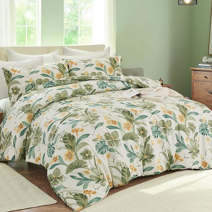 Bedding_Dreamer Green Floral Comforter Set Queen 100% Cotton Comforter Garden Style Bedding Flower Leaf Botanical Bed Chic Boho Home Decor