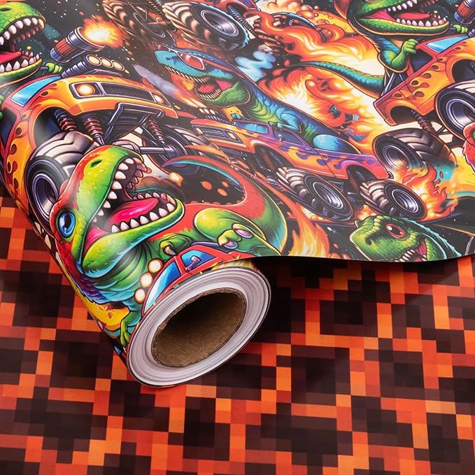 Altarho Reversible Monster Truck Wrapping Paper Roll For Kids Boys Dinosaur Racing Car and Lava Gift Wrap Sheets for Volcano Halloween Baby Shower Birthday Party Decoration Total 28.5sq.ft