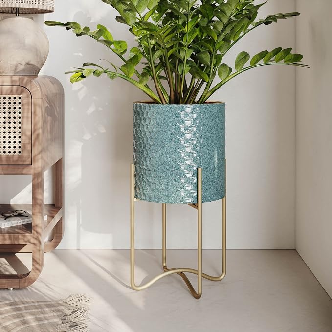 EverNest Mid-Century Modern Rhys Honeycomb Embossed Planter Pot with Ambrose Stand, Metal Indoor Plant Pots, Blue Green Bohemian Style (Large 3 Gallon)