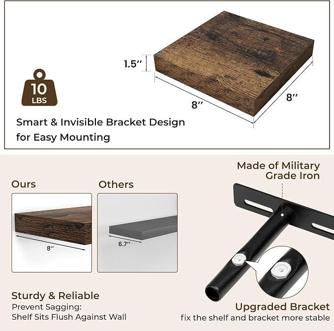 RICHFOCUS 8 Inch Floating Shelves for Wall Small Square Shelves Set for Bedroom|Kitchen|Bathroom|Wall Mounted Rustic Wood Floating Shelf with Invisible Brackets for Books|Storage|Decor, Rustic Brown