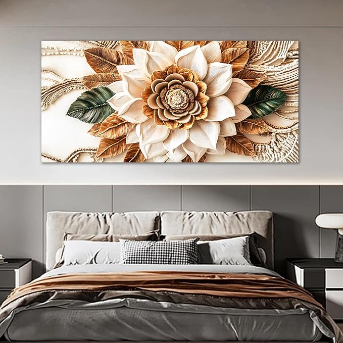 Tarfupth Boho Flower Canvas Wall Art for Living Room White and Brown Large Canvas Prints Botanical Pictures for Bedroom Office Home Decor 29"x58"