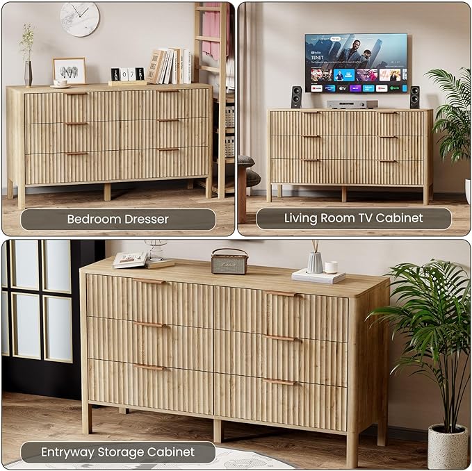 55" Wide Fluted 6 Drawer Dresser for Bedroom, Wooden Dresser Modern Chest of Drawers TV Stand Dressers with Organizer Storage for Bedroom, Living Room, Entryway, Hallway, Oak