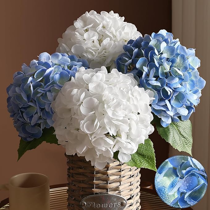 4Pcs Hydrangea Artificial Flowers, 22.44" Real Touch Latex Faux Hydrangea with Long Stems & Leaves for Home Office Decor or Wedding, Party, Centerpieces, Floral Arrangements (White&Blue)