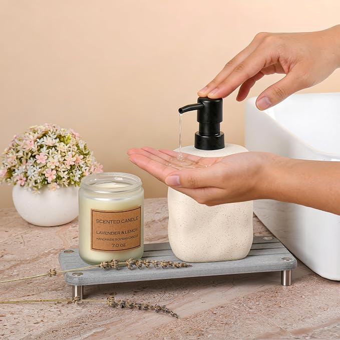 Modern Ceramic Soap Dispenser, Beige Speckled Finish, Black Pump Top, Refillable Liquid Container for Bathroom Kitchen (Beige, 1 Pack)