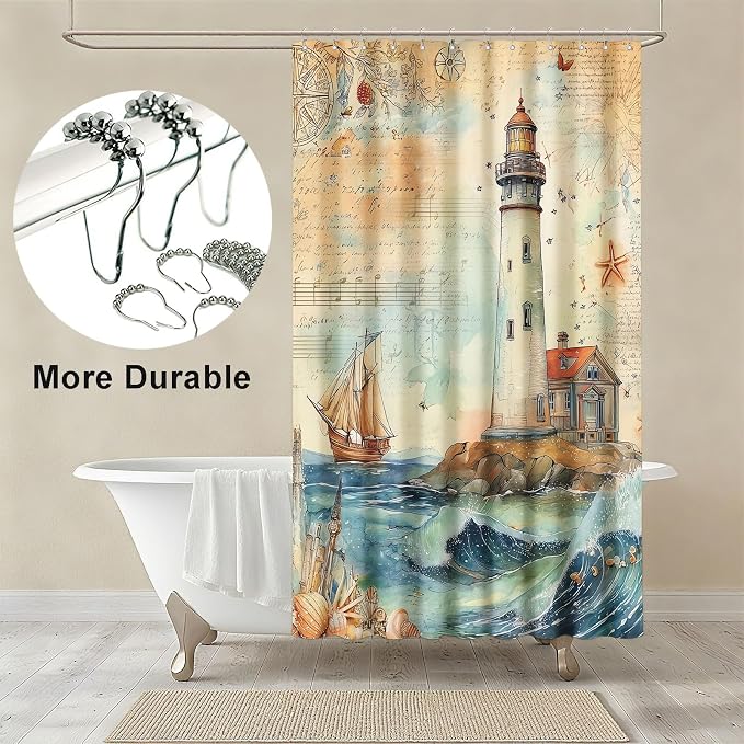 Nautical Shower Curtain Coastal Lighthouse Shower Curtains for Bathroom Waterproof Fabric Bath Curtain Decor with Hooks