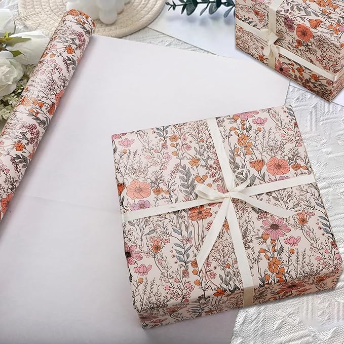 8 Sheets Vintage Wildflower Wrapping Paper - 19.7” x 27.6” Spring Floral Gift Wrap Paper for Girls, Women Birthdays, Baby Showers, Bridal Showers, Weddings, Valentine’s Day Party Celebrations