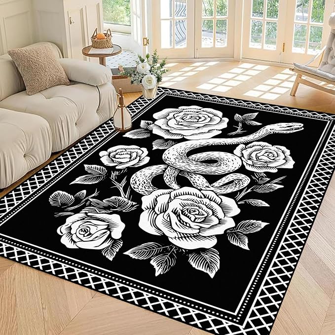 5'x7' Gothic Snake and Rose Area Rug Black and White Floral Vine Floor Mat Retro Boho Carpet Washable Low Pile Indoor Rugs for Entryway Bedroom Living Room Kitchen Home Decor