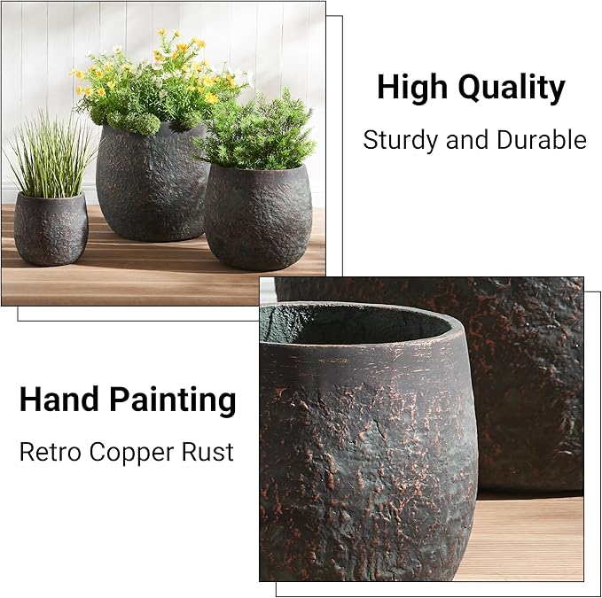 Wallowa 17.3"+12.9"+9.0" Dia Weathered Concrete Flower Pots, Modern Round Style Concrete Planter for Home, Garden, Patio, Courtyard, Bronze Rust Color, Set of 3