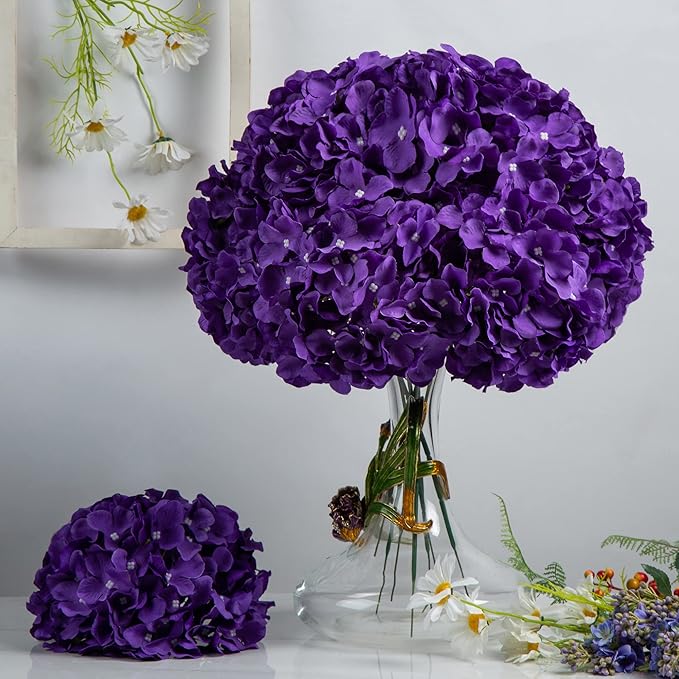 DuHouse Silk Hydrangea Artificial Flower Heads with Stems Fake Hydrangeas Flowers for DIY Wedding Centerpiece Home Decor,Pack of 6 (Violet)