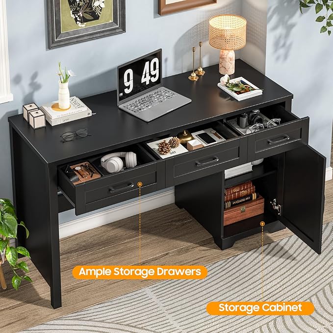 Farmhouse 59" Executive Desk,Computer Desk with 3 Drawers and Storage Cabinet,Workspace for Home Office and Study. Pure Black