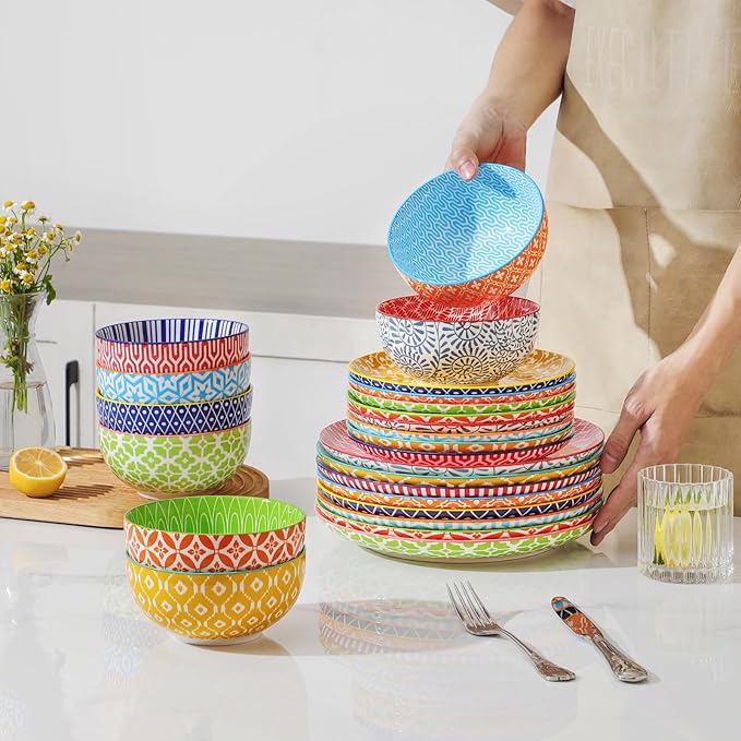 Selamica Ceramic Plates and Bowls Sets,24 Pieces Dinnerware Sets for 8,Scratch Resistant Dish Set for family gathering,Dishwasher & Microwave Safe, Assorted Colors