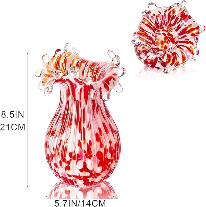 QFkris Hand Blown Glass Vase for Flowers, 8 Inch Red Crystal Bubble Flower Vases for Bouquet Home Decor Decorative Centerpieces, Unique for Mom, Valentine's Day Gift for Her Lover