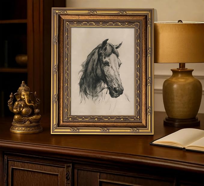 Vintage Gold Framed Horse Sketch Canvas Wall Art Retro Horse Wall Decor Vintage Farmhouse Animals Sketch Print Artwork Retro Rustic painting Picture for Farmhouse Bedroom Living Room 16X24in