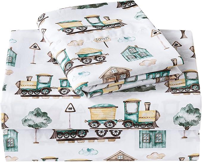 Viviland 3 Pieces Boys Brown Green Twin Sheet Set - Soft Microfiber Fitted Flat Sheets & Pillowcase - Country Train Town Bedding Sets - for Kids & Toddlers
