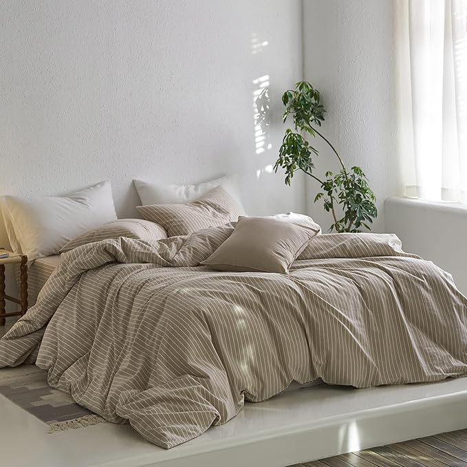 MooMee Striped Duvet Cover Set 100% Washed Cotton Linen Like Textured Breathable Durable Soft Comfy (Tannish Linen Grey White Wide Stripes, Cal King 104"x98")