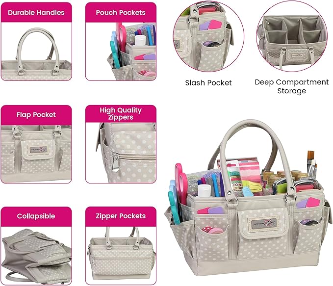 Everything Mary Teal Geometric Deluxe Store and Tote - Storage Organizer Bag for Crafts, Sewing, Paper, Art, Desk, Canvas, Supplies Storage Organization - Travel Art Box with Handle