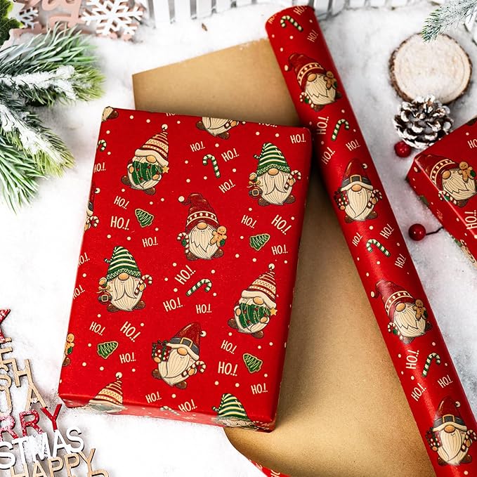 Yarcony Gnomes Christmas Wrapping Paper, Kraft Red Wrapping Paper, Recyclable Funny Gnome Thick Christmas Gift Wrap for Holiday Gifting, Festive Winter Celebrations (Mini Roll, 17 Inch X 33 Feet)