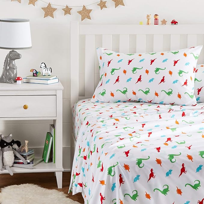 Amazon Basics Kid's Soft Easy-Wash Lightweight Microfiber 3-Piece Sheet Set, Toddler, Multi Color, Dinosaurs
