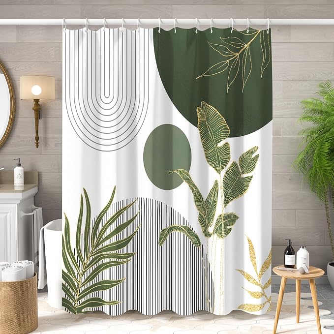Mid Century Boho Shower Curtain, Abstract Modern Sun Minimalist Aesthetic Shower Curtain, Bohemian Geometric Arch Curve Leaves Neutral Art Fabric Bathroom Curtains Sage Green 72x84 inch