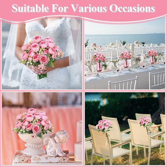 Crowye 16 Bundles Artificial Peonies Realistic Flowers with Stems Bouquet Peonies for Table Centerpieces Wedding Decoration Bridal Floral Arrangement (Dark Pink)