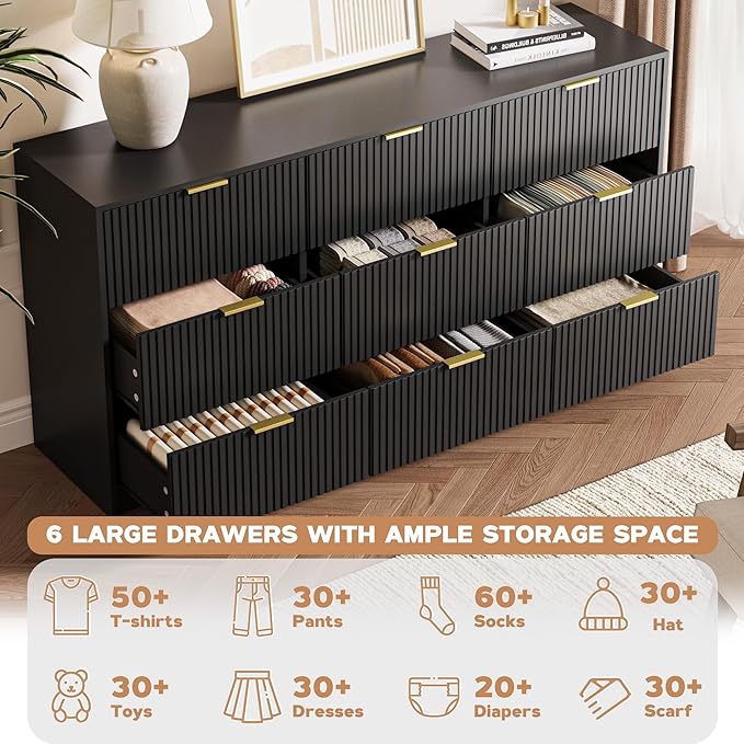 3-Piece Dresser Bedroom Set, 9 Drawer Dresser & 3 Drawer Nightstands with Gold Handles, Fluted Wood Chest of Drawers for Bedroom, Living Room, Entryway, Black